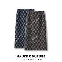 秋冬格子半身裙毛呢菱形格包臀中长韩系复古百搭气质设计感a字裙