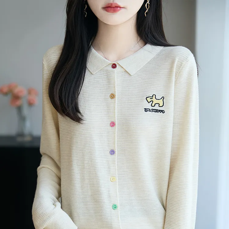 早秋彩扣刺绣针织开衫外套女2025新款春秋外搭洋气显瘦长袖打底