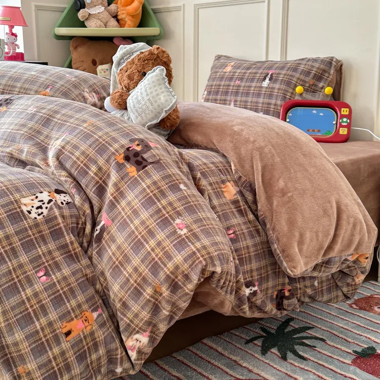猫咪日记少女风摩卡狗狗圣诞款牛奶绒四件套三件套床单被套床品