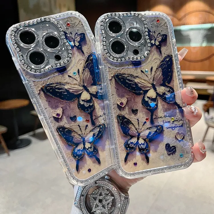 适用苹果系列iPhone16新款手机壳复古爱心蝴蝶扭边钻框闪钻镜头膜