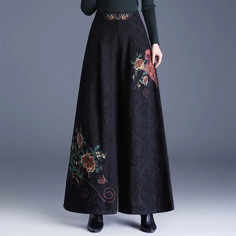 2025年秋冬新款新中式国风重工刺绣提花阔腿裤女高腰显瘦休闲长裤