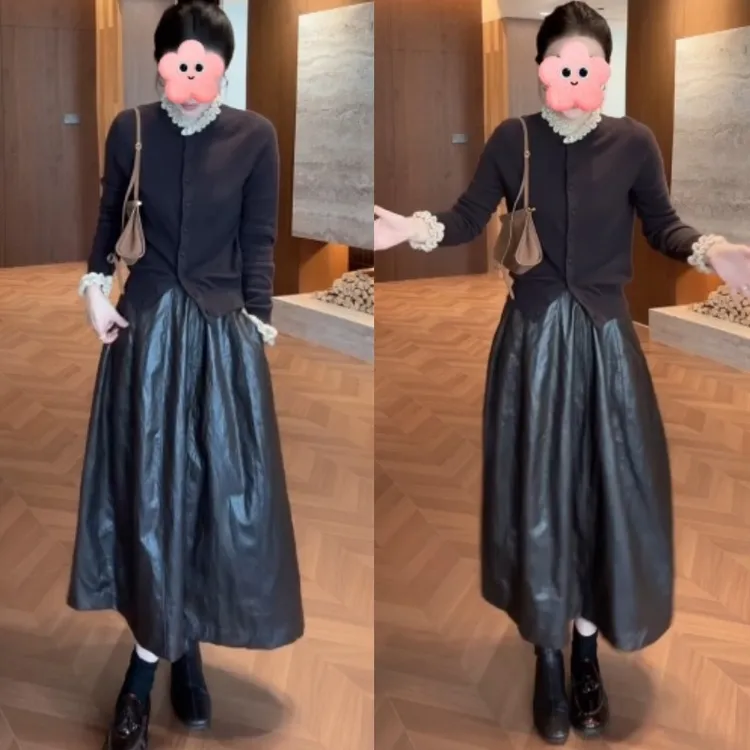 2025早秋新款时尚气质针织上衣+高腰显瘦百搭pu半身裙LK2505776