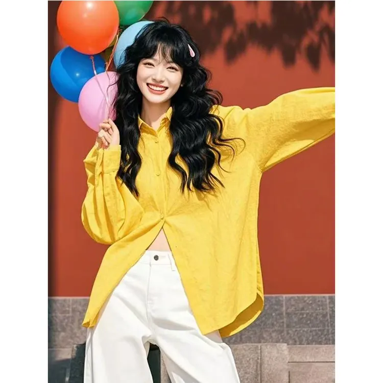 今年流行爆款独特别致高级感上衣2025冬季新款宽松慵懒风黄色衬衫