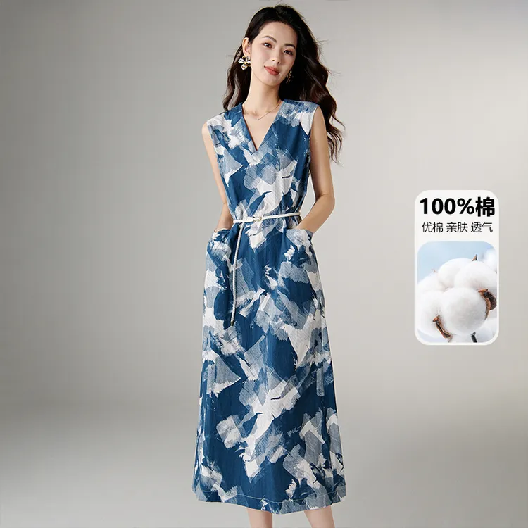 【新品】2025印花裙子轻熟V领连衣裙【不含腰带】25062531