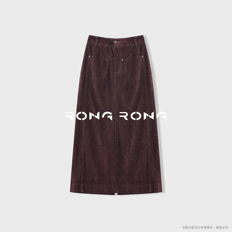 溶溶【雾蓝星野】RONGRONG 莱赛尔棉压线复古优雅开叉半身裙8857RR