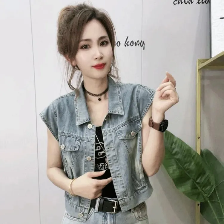 夏季短款飞袖外穿牛仔马甲外套女2024新款小个子休闲短袖百搭上衣