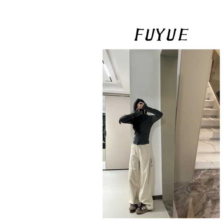 FUYUE赴约  早秋咖杏色工装裤松弛显瘦百搭休闲后腿拉链工装兜兜