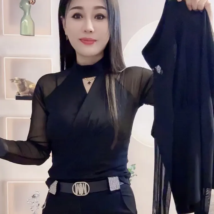 叛逆风黑色寸领T恤镂空拼接春秋打底衫纱网长袖时尚百搭女款上衣