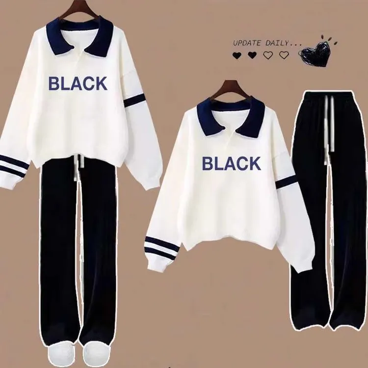 FAVMARTHA初中生套装女2025新款秋冬季少女加绒加厚厚棉T阔腿裤po