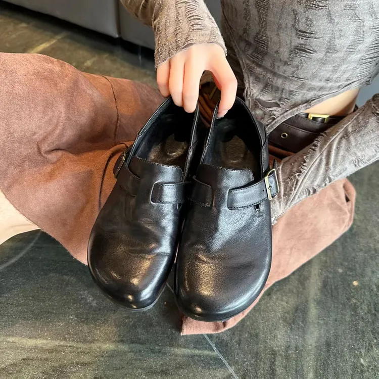 蒙M水洗马皮休闲轻便两穿可踩一脚蹬小皮鞋乐福鞋全包勃肯鞋女
