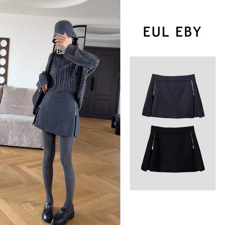 EUL EBY时尚对称拉链装饰A字短裙裤秋冬新款高腰防走光短裙251529