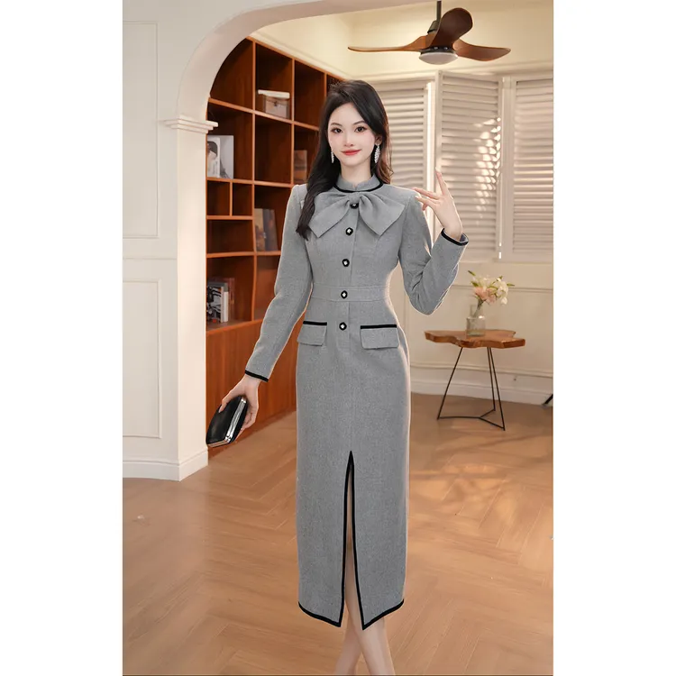 【香香定制】新款法式气质高级灰色优雅复古秋冬显瘦连衣裙61604