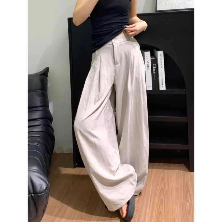 卡其灰休闲阔腿裤女夏季新款胖妹妹mm高腰宽松显瘦垂感直筒长裤子