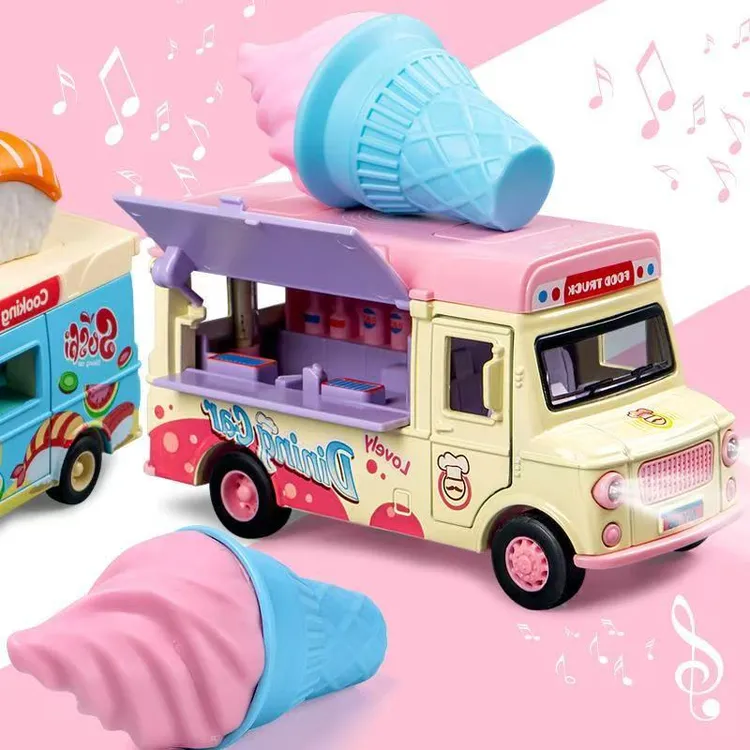 合金餐车Q版餐车迷你摆件可爱桌面摆设趣味儿童感应音冰淇淋车
