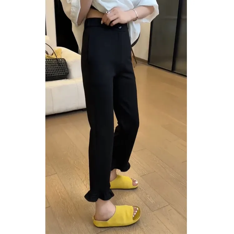 艾塔莉显瘦遮肉休闲女夏季新款直筒裤花边胖mm时尚休闲百搭九分裤