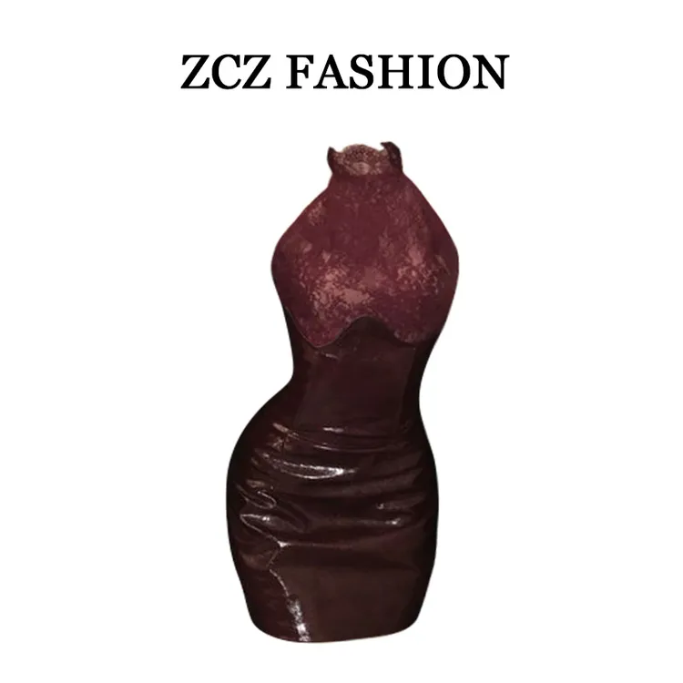 蕾丝拼接挖肩短款挂脖背心女春季纯欲风套装pu皮包臀半身裙两件套