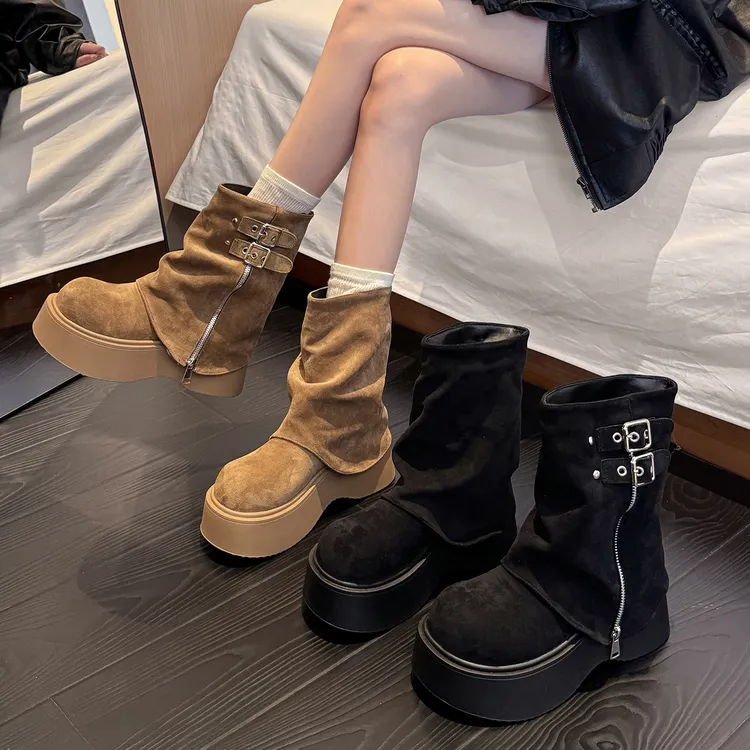 贾不假裤管靴女款2025新款秋季超火百搭显瘦爆款厚底增高马丁靴子