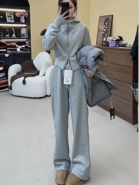 时尚慵懒短款拉链卫衣套装女2025年秋冬新款休闲高腰阔腿裤两件套