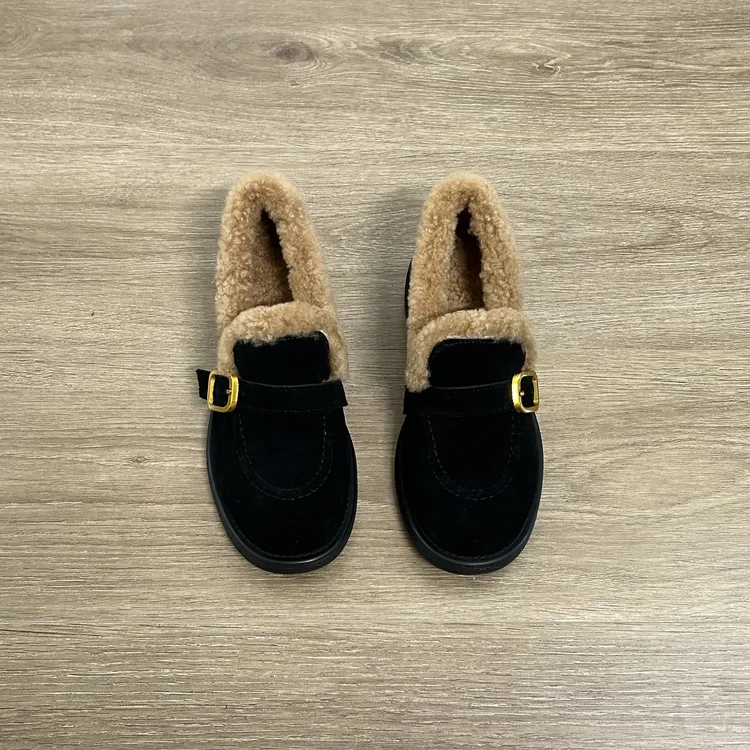 Dannyfrey复古风牛翻皮秋冬新款厚底加绒保暖皮带扣乐福鞋4.2CM