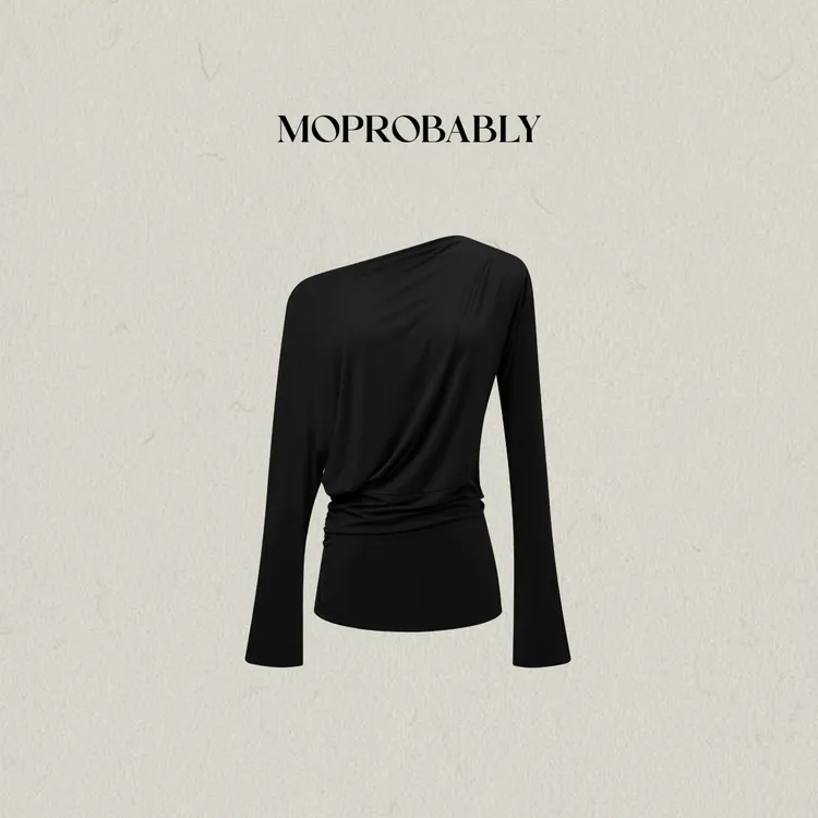 Moprobably李予诺「韵芝」"莫代尔"时尚气质斜肩长袖T恤L5347090