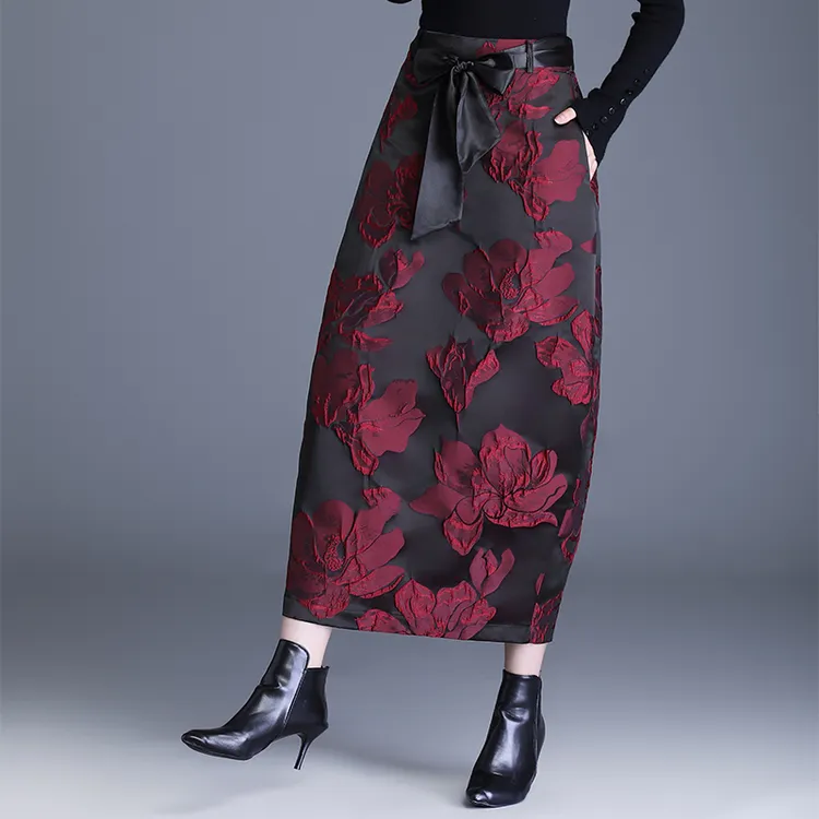 包臀裙气质新中式印花裙子松紧带2025秋冬新款国风提花开叉半身裙