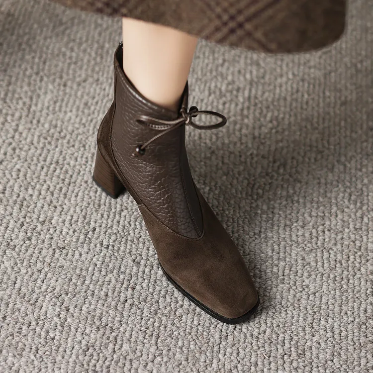 6cm~真皮拼接棕色瘦瘦靴方头后拉拉高跟短靴气质优雅粗跟时装靴女