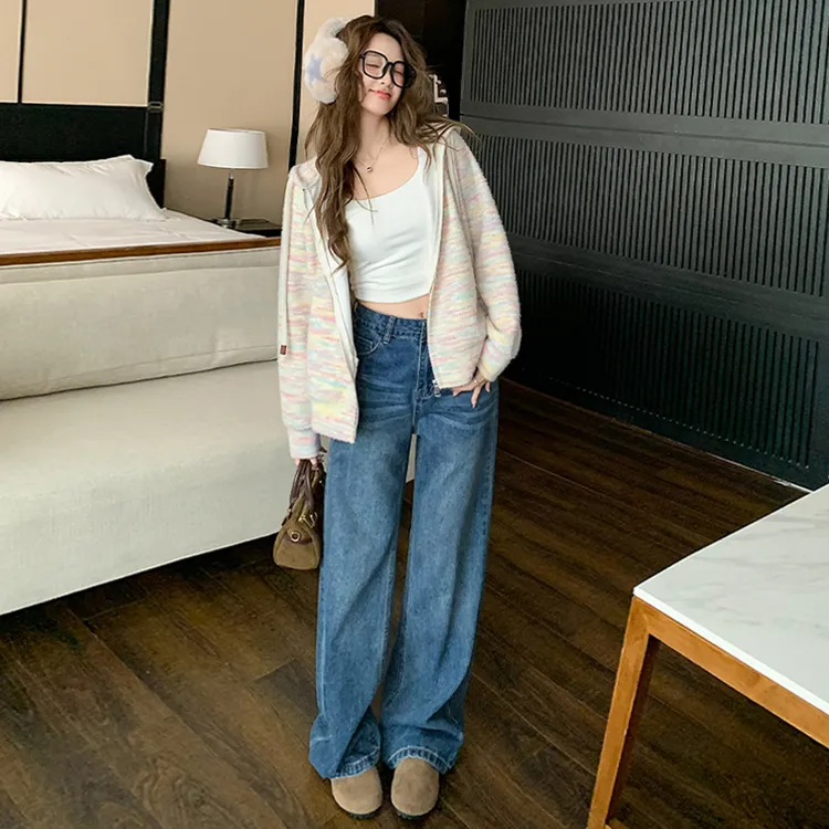 韩系减时尚减龄套装女春季连帽拉链开衫卫衣阔腿牛仔裤显高两件套