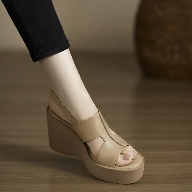 小个子手工女鞋9.5cm~厚底坡跟凉鞋女一字带复古松糕不累脚高跟鞋