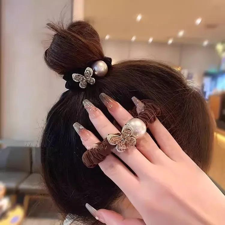 2025新款蝴蝶珍珠款小肠发圈头绳气质时尚镶钻扎丸子头皮筋发饰女