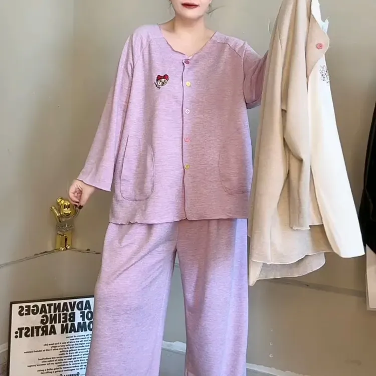 彩色单排扣小熊刺绣长袖长裤可外穿小众设计家居服两件套3388