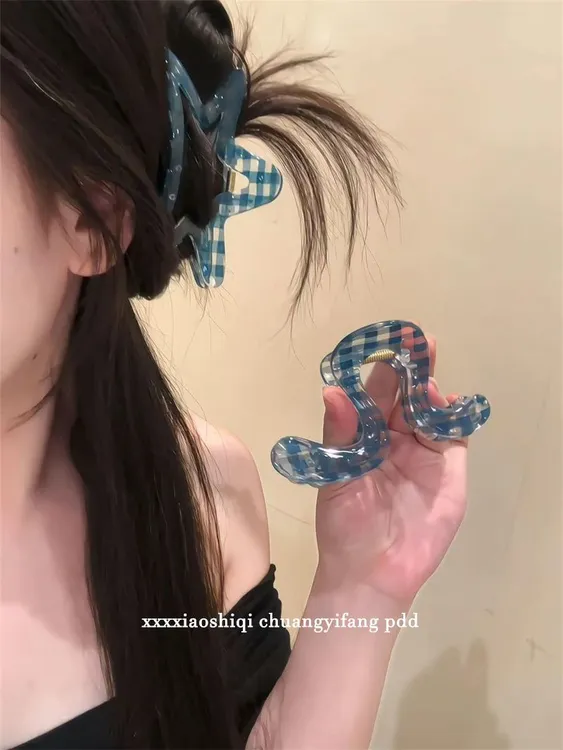 博主同款韩系格子醋酸抓夹高级感弧形发抓后脑勺盘发发饰