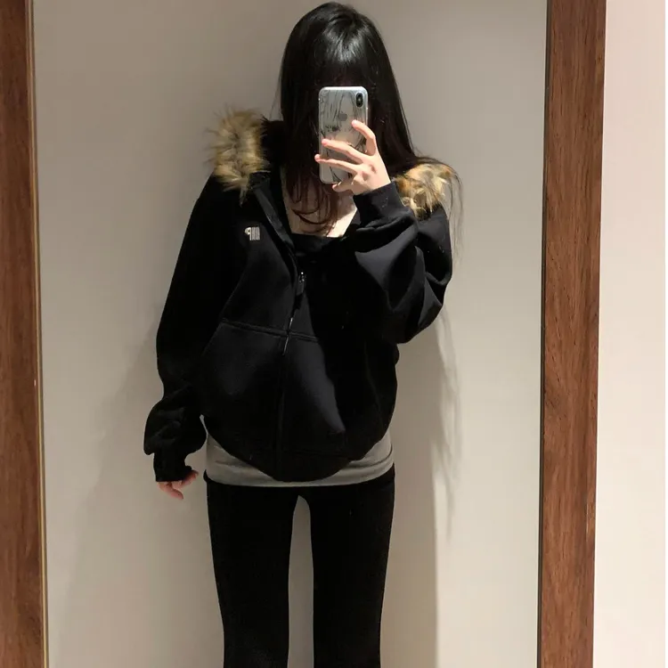 WASSUP dream秋冬季新款美式复古字母刺绣毛领外套上衣女连帽卫衣