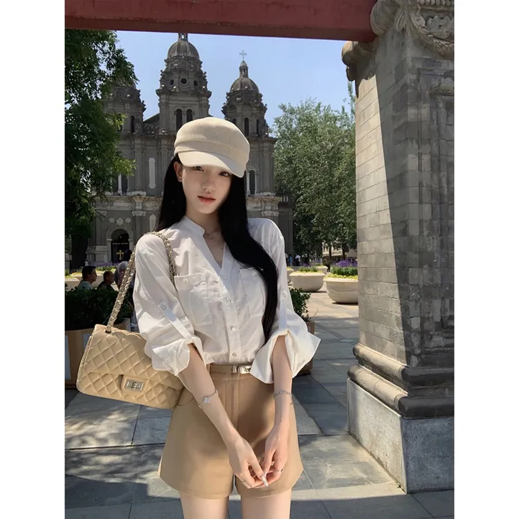 XIAOTAIYAN. 初恋秀智 天然棉白色口袋衬衫套装女高腰显瘦短裤