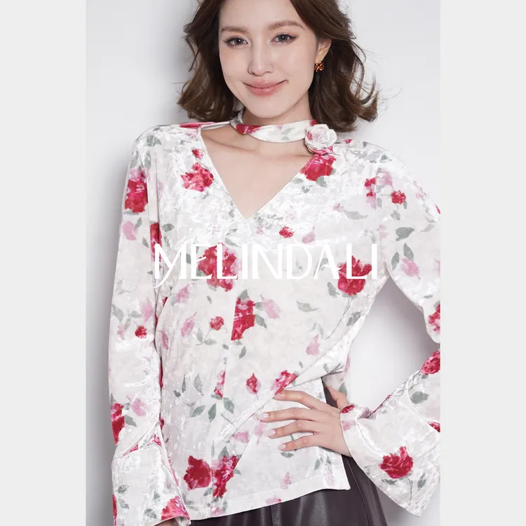 Melinda Li【白雪玫瑰】优雅气质丝绒印花V领飘带chocker上衣半裙
