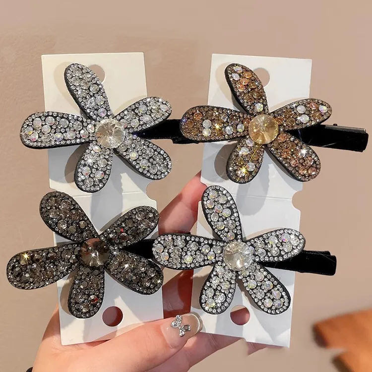 超闪水晶发夹轻奢满钻花朵发夹韩版时尚前额甜美鸭嘴夹边夹侧边