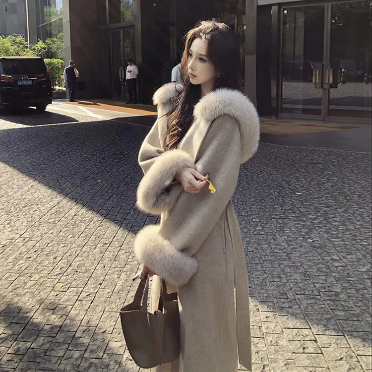 连帽双面呢子大衣女中长款2025年秋冬新款高级感大仿毛领毛呢外套