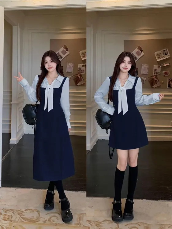 大码少女感韩系学院风减龄撞色拼接蝴蝶结收腰连衣裙60238