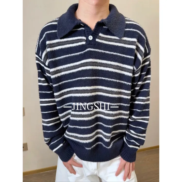 25秋冬撞色条纹厚款休闲冬季翻领毛衣时尚宽松网红百搭潮流针织衫