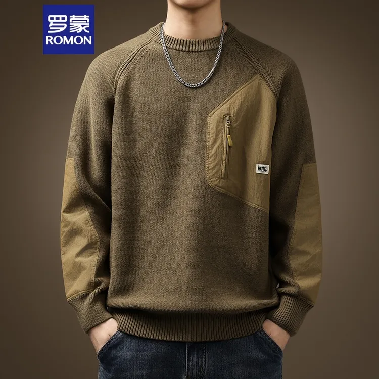 罗蒙重磅复古高端美式拼色口袋毛衣秋季潮牌加厚宽松大码针织衫