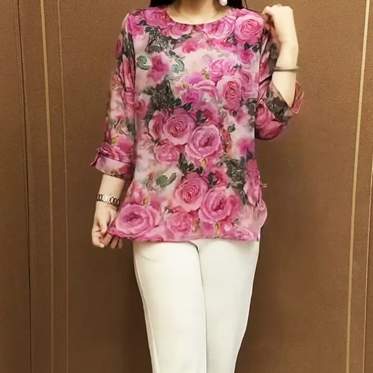 夏季新中式国风气质印花时尚百搭宽松妈妈衫