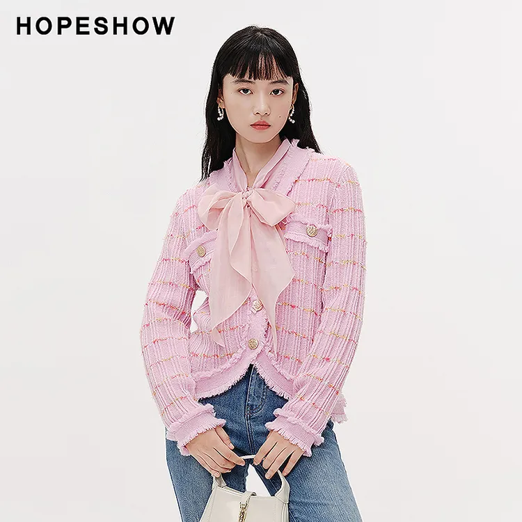 红袖2024春季女装肌理感拉毛边正肩单排扣V领针织开衫89124010104