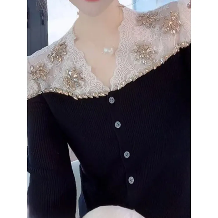 薇恩COCO毛衣镂空针织时尚新款简约长袖开衫扣上衣S545仙气半身裙