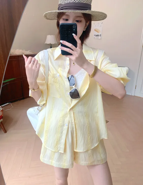 【芝士Cheese】浪漫鹅黄 夏季百搭通勤休闲时尚设计感松紧腰两件套