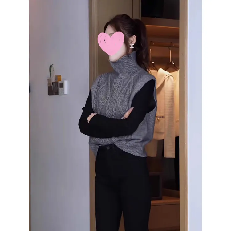 张元一女装同款法式无袖马甲毛衣双面叠穿针织衫女秋时髦减龄上衣