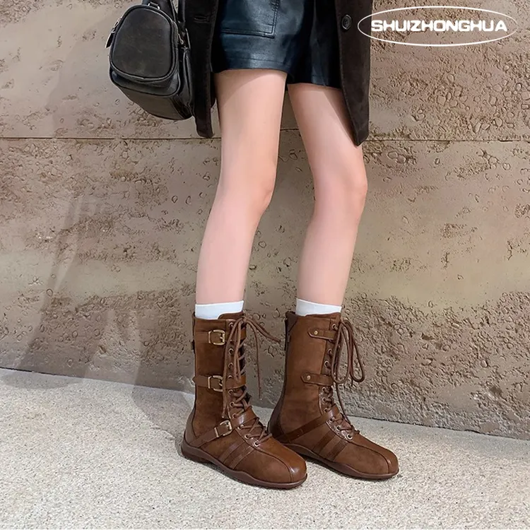 复古内增高拳击靴女2025百搭拼色后拉链短靴系带户外工装马丁靴