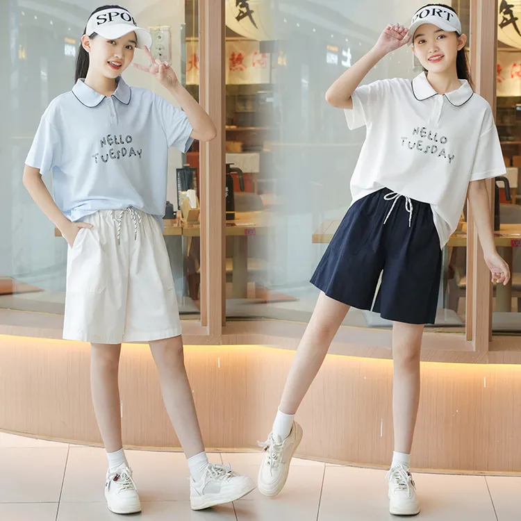 女童夏日穿搭两件套8-18岁青少年学生polo领学院风短袖休闲短裤夏