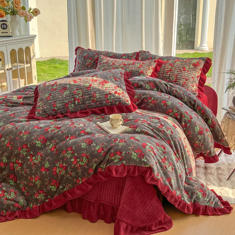 新款冬季加绒加厚复古牛奶绒床盖四件套亲肤保暖被套防寒不滑床盖