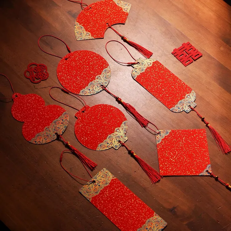 中国风迷你小卡片小挂件万年红空白挂饰宫廷洒金福字软卡双面书签