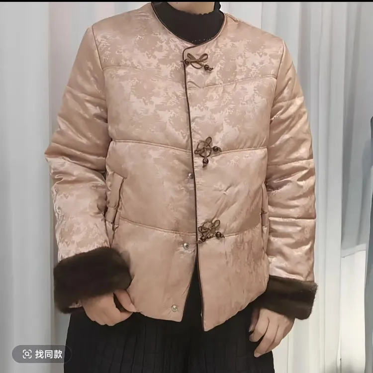 新中式提花毛绒袖拼接石墨烯云朵绒短款女士冬季保暖外套国风