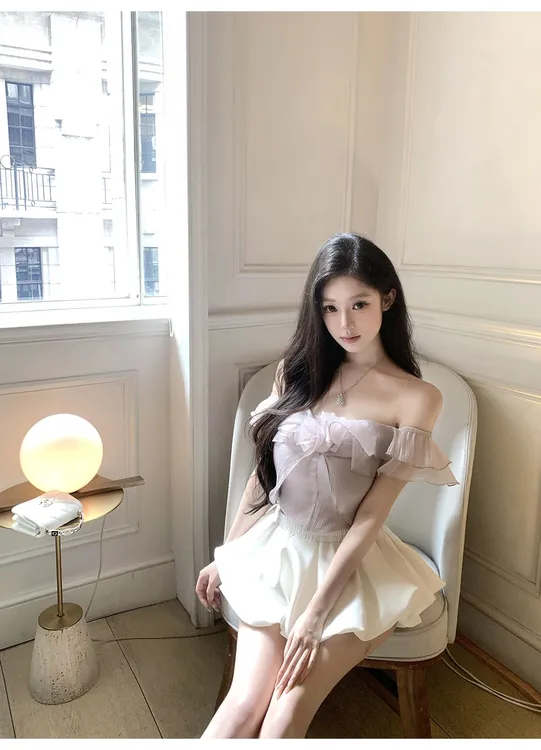 【云朵梦境】立体玫瑰一字肩雪纺荷叶边纯欲氛围露肩上衣+高腰短裙